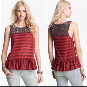 NWT Free People Peplum Brown Red sleeves eyelet mixed fabric Zip Top